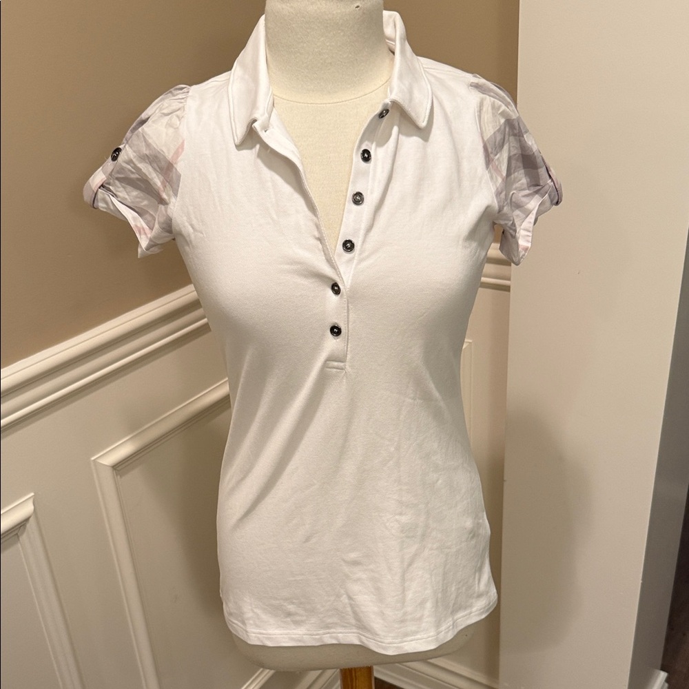 Burberry Brit White Polo Top Plaid Cap Sleeves Size L Classic Check